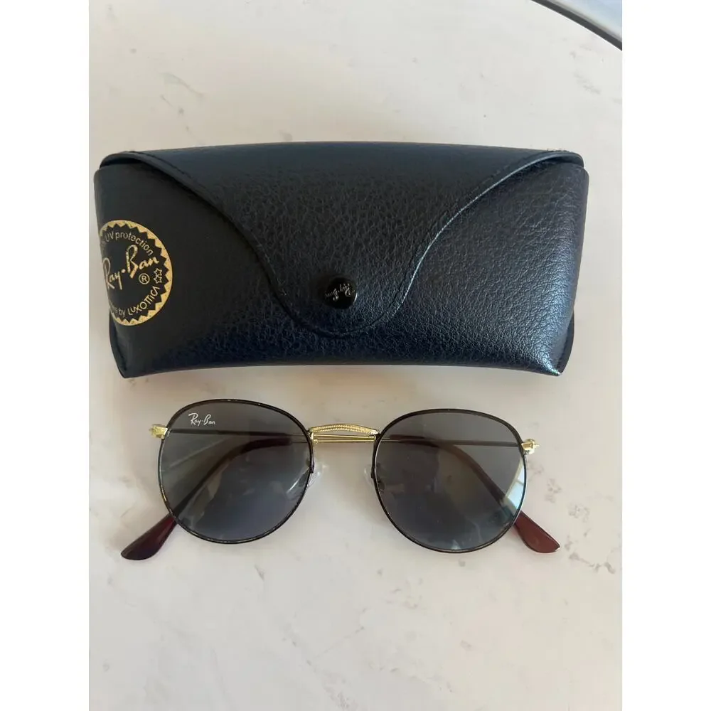 RAY BANS ROUND METAL FULL COLOR LEGEND POLISHED BLACK ON GOLD WITH CASE UNISEX